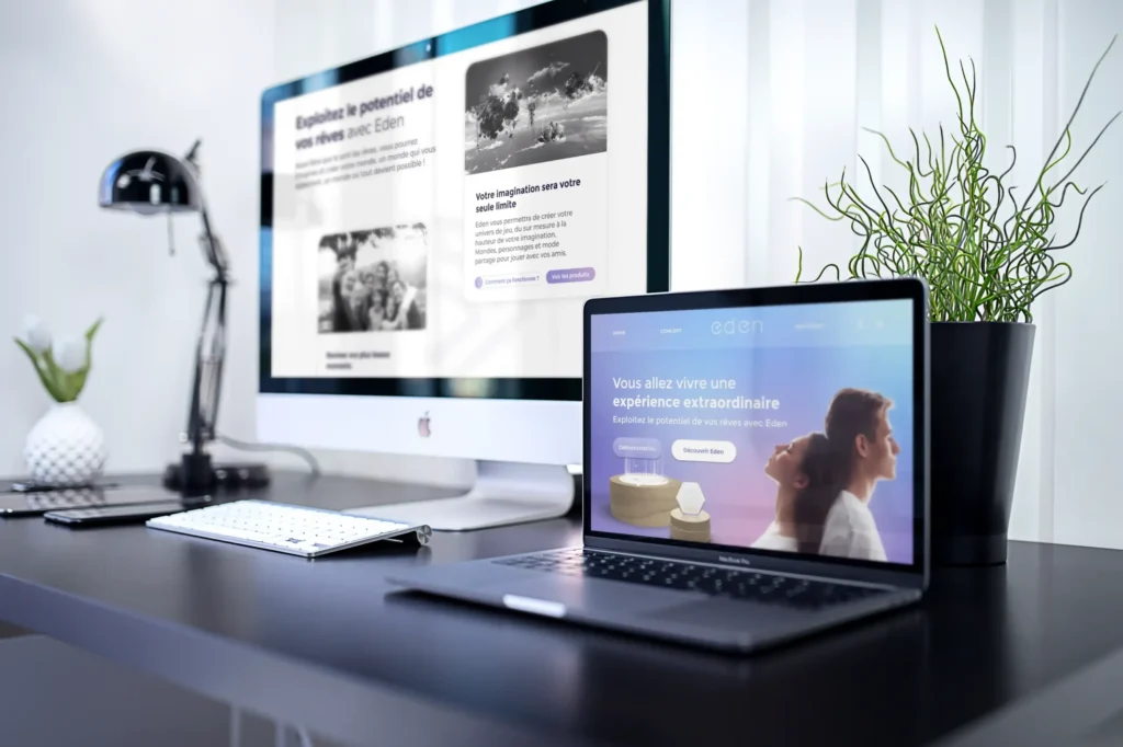 Un ordinateur portable et un fixe montrant le visuel du site web "Eden" réalisé par l'agence web Enove Studio Numérique