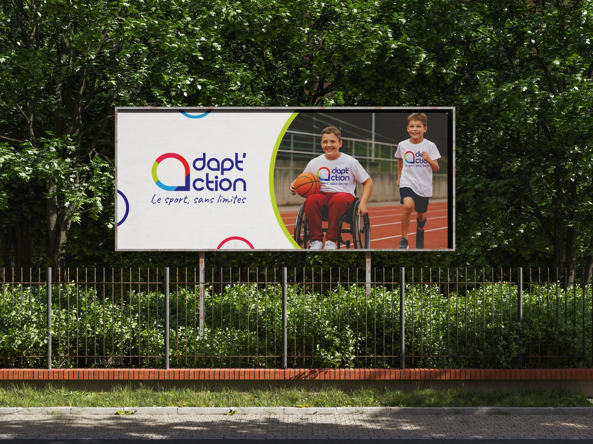 Panneau publicitaire Adapt'action montrant des enfants en situation de handicap pratiquant le sport : un garçon avec une prothèse de jambe courant sur une piste d’athlétisme, et un autre en fauteuil roulant tenant un ballon de basketball.