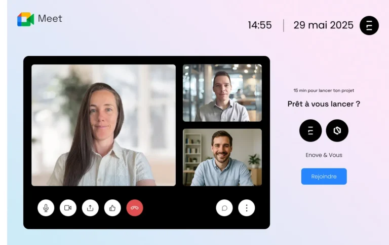 Visuel montrant un écran de Google meet avec Jessica Girard, Yoann Aubry et un client en train de faire une réunion pour l'agence Enove Studio Numérique