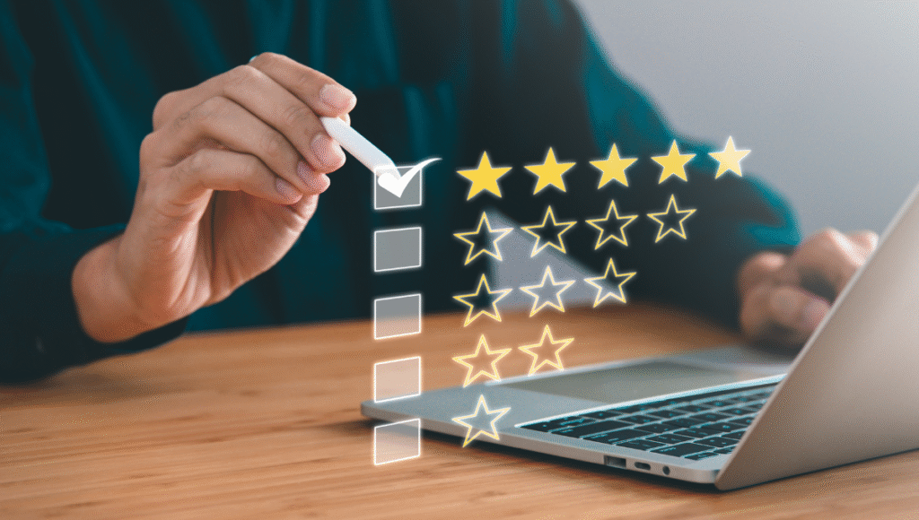 Cinq étoiles représentant une note parfaite et la crédibilité d’une entreprise en ligne au Québec, symbolisant la confiance et les avis Google.